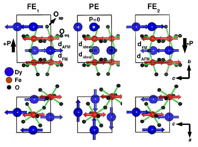 Ball-and-stic model of DyFeO3(DFO) in the paraelectric(PE) and ferroelectric(FE) states