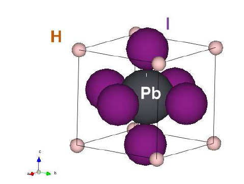 본 연구에서 탐색한 ABX3 페로브스카이트 할로겐 화합물의 구조. 아래 전자구조 결과에 해당하는 HPbI3 화합물의 기본 셀 구조를 보여주고 있다.