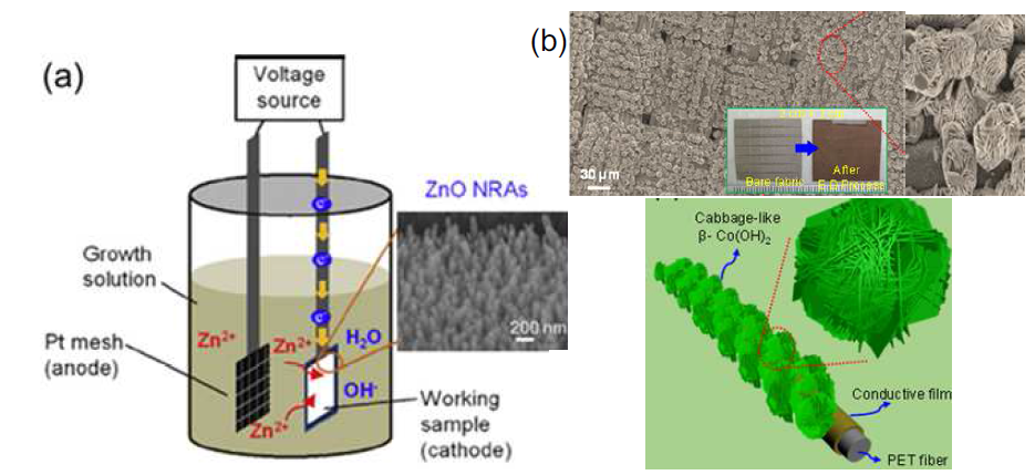 전기화학적방법을 이용한 산화아연나노막대 및 수산화코발트나노구조 성장 도식도.
