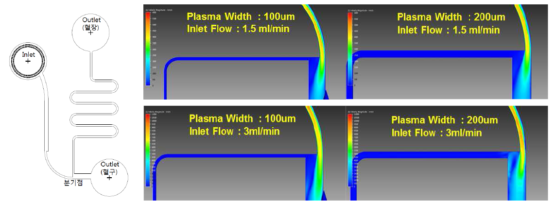 분기점 효과를 이용한 혈장분리칩 설게도면 및 플라즈마 분리 채널 넓이에 따른 유속 CFD 시뮬레이션