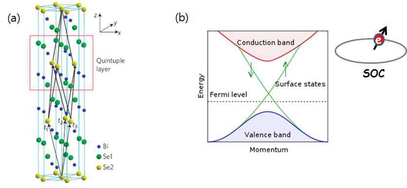 (a) 스핀-궤도 결합에 의해 형성되는 위상 절연체 젓에 대표적인 Bi2Se3 물질의 결정구조. (b) 위상 절연체의 전자구조.