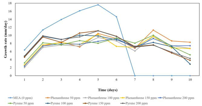 Growth rate of Peniophora incarnata KUC10218 in the presence of PAHs.