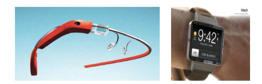 안경형태의 Google Glass (왼쪽) 모습과 손목시계형의 iWatch (오른쪽)