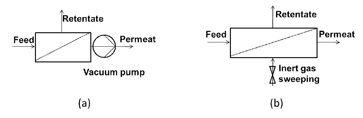 Degassing membrane 공정의 모식도, (a) : Vacuum type, (b) : Gas sweeping type