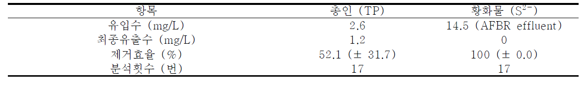 응집에 따른 총인 (P) 그리고 황화물 (S2-)의 농도 및 제거효율