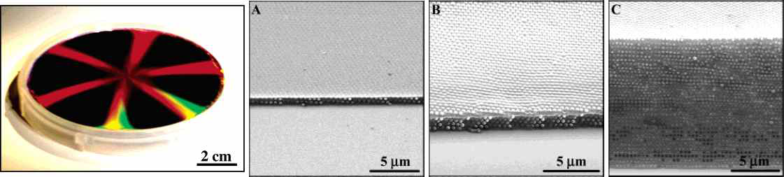 4 inch silicon wafer에 3D로 배열된 nanocomposite film의 사진, A,B,C는 다양한 두께로 제작한 결과