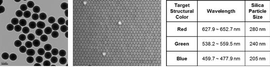 연구에 사용될 240nm 직경의 실리카 나노 입자, 자기조립으로 제작된 FCC 구조의 광결정, 공극이 air로 채워지는 경우의 특정 구조색을 갖는 입자 직경의 요약표