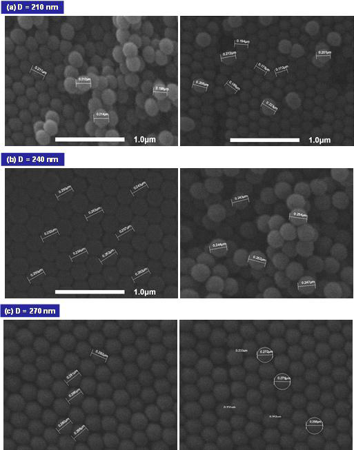 210, 240 및 270 nm 직경의 실리카 입자 시료를 SEM으로 확인한 결과