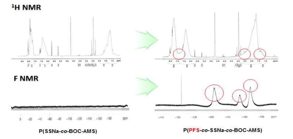 P(SSNa-co-BOC-AMS)와 P(PFS-co-SSNa-co-BOC-AMS)의 NMR 결과