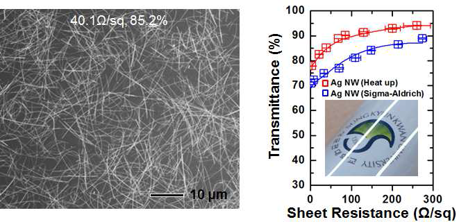 제작된 은 나노선 투명전극의 SEM 이미지 (좌)와 광투과도에 따른 유연 • 투명전극의 전도도 그래프 및 사진 (우)