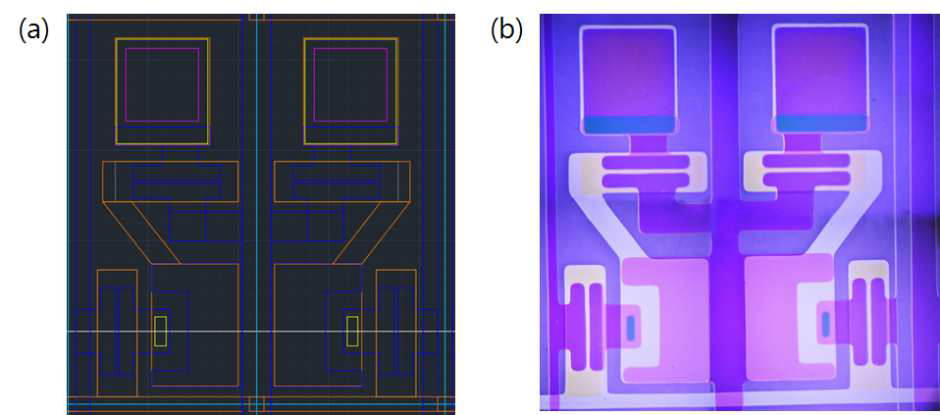 (a) 단위 픽셀 설계 도면, (b) 제작된 실제 TFT array의 단위 픽셀 현미경 사진