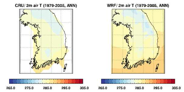 CRU 자료 및 WRF 다운스케일링 결과에서 모의된 2m 온도의 1979년부터 2005년까지의 평균 분포