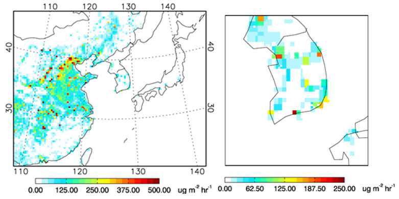 동아시아 지역 영역1(30km)과 2(10km)에 재분배된 HTAPv2 BC 배출량장 (좌:영역1, 우:영역2)