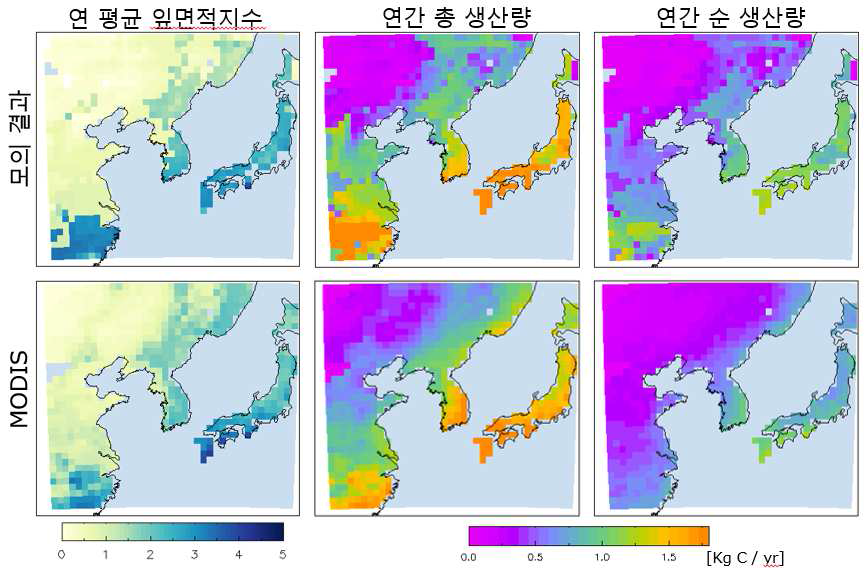 WRF-NoahMP가 모의한 동아시아 연평균 잎면적지수, 총생산량, 순생산량과 위성 관측 자료