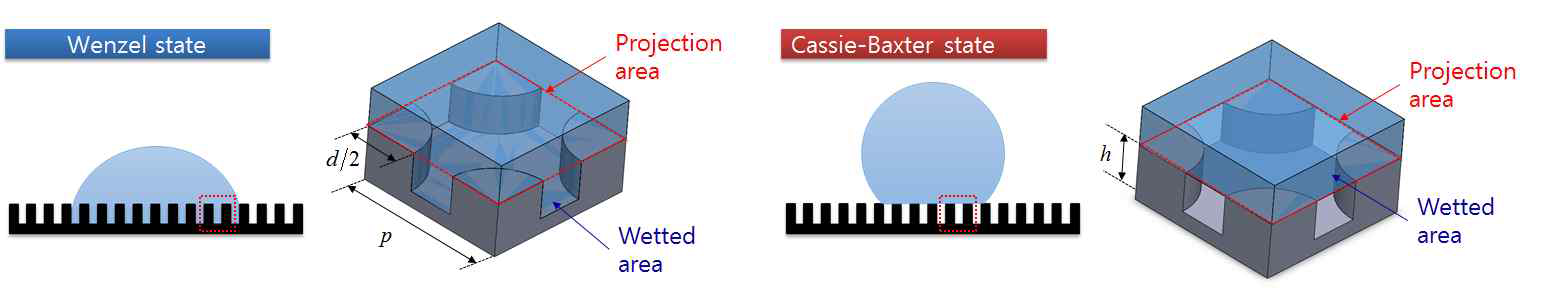 젖음성 상태에 따른 투영 면적과 젖음 면적의 정의
