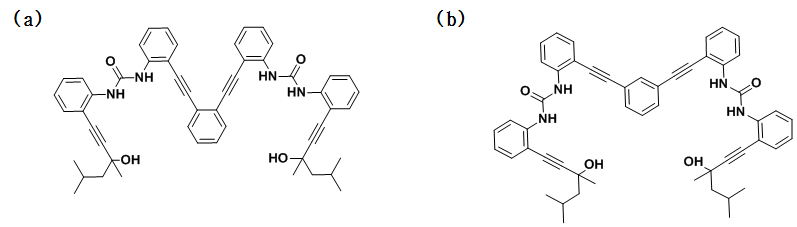 (a) 2 개의 다이페닐유레아가 오르소로 연결된 화합물의 화학구조 (b) 2 개의 다이페닐유레아가 메타로 연결된 화합물의 화학구조