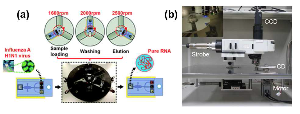 랩온어디스크 시스템 상의 (a) RNA정제 연구 사례 및 (b) 형광 측정 셋업 연구 사례