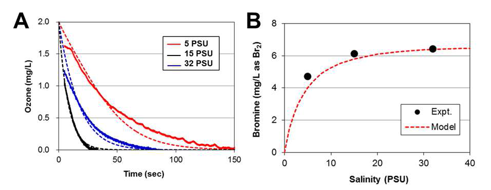 염도에 따른 오존 분해(A)와 브로민 생성(B)