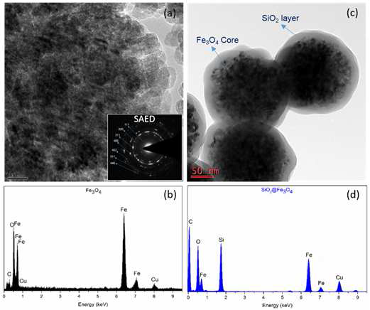 TEM images and EDAX analysis of Fe3O4 (HR-TEM) (a-b) and SiO2@Fe3O4 (c-d) nanoparticles