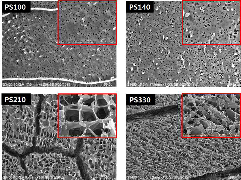 Treatment time에 따른 폴리스티렌 표면의 SEM 이미지.