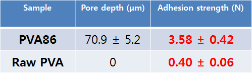 각 조건에서 표면 처리된 폴리비닐 알코올 표면 기공의 깊이와 PDMS 계면간의 접착 강도 결과