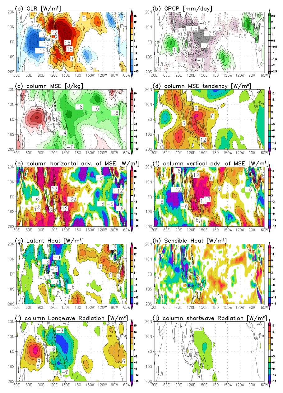 Composite of intraseasonally filtered OLR, GPCP, column MSE, and each terms anomalies in MSE equation on phase 2 in ERA-Interim reanalysis data.