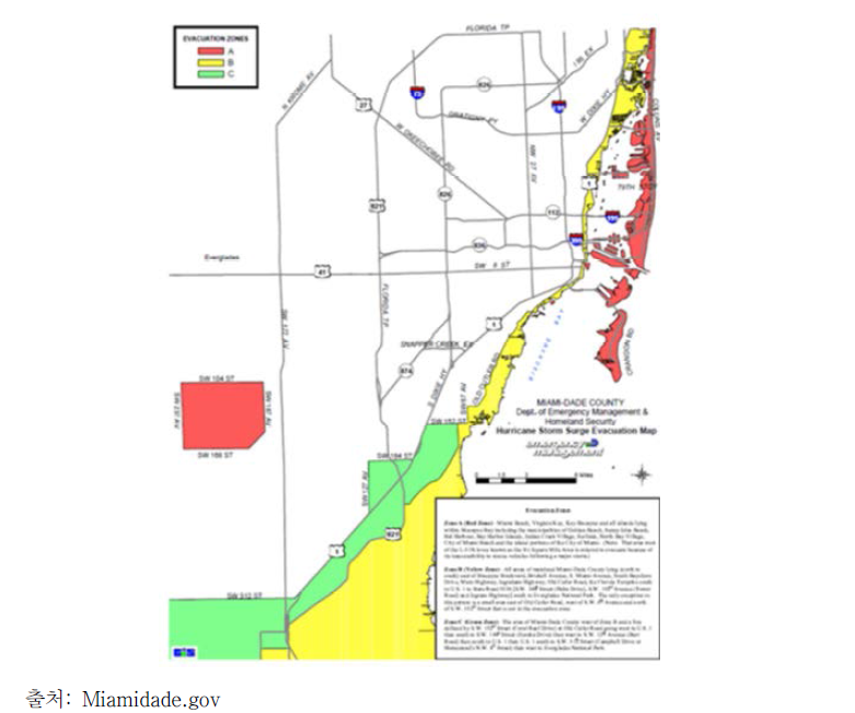 플로리다주 마이애미 데이드 카운티 위험 피난구역 지도