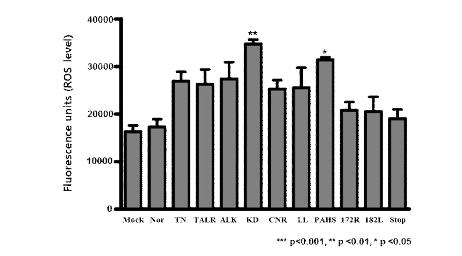 The effect of occult HBV S variants on ROS system. Reactive oxygen species level by occult HBV variants in transient transfected HuH-7 was measured using 20 uM DHR123 reagent which is able to the detection of reactive oxygen species (ROS) such as peroxide and peroxynitrite. The tests were performed triplicate