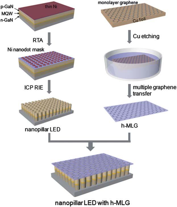 h-MGL을 electrodes로 사용한 나노필라 LED의 제작 과정