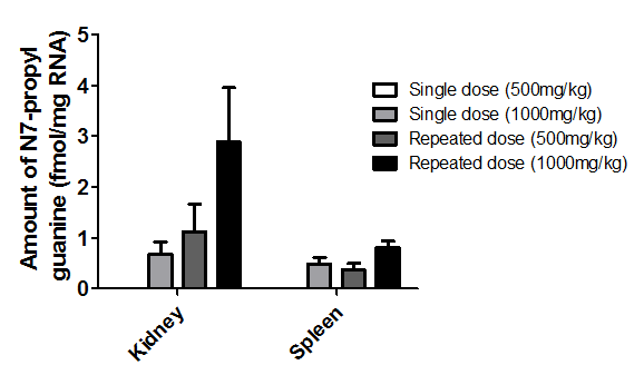 Production of N7-propyl guanine in RNA of kidney and spleen following single or repeated (for 3 days) intraperitoneal administration with 1-bromoprpane in rats (n=3, mean ± S.D.).