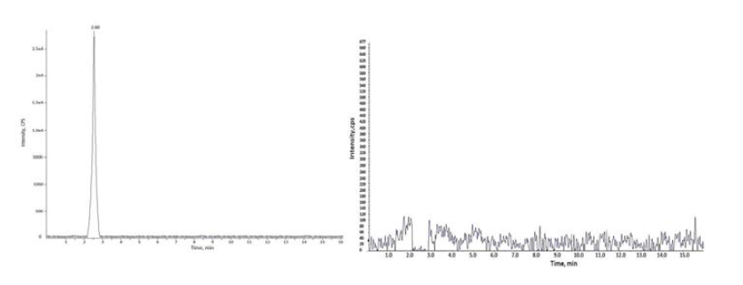 LC-MS/MS chromatograms of reference standard N3-propyl adenine (left) and blank spleen DNA (right).