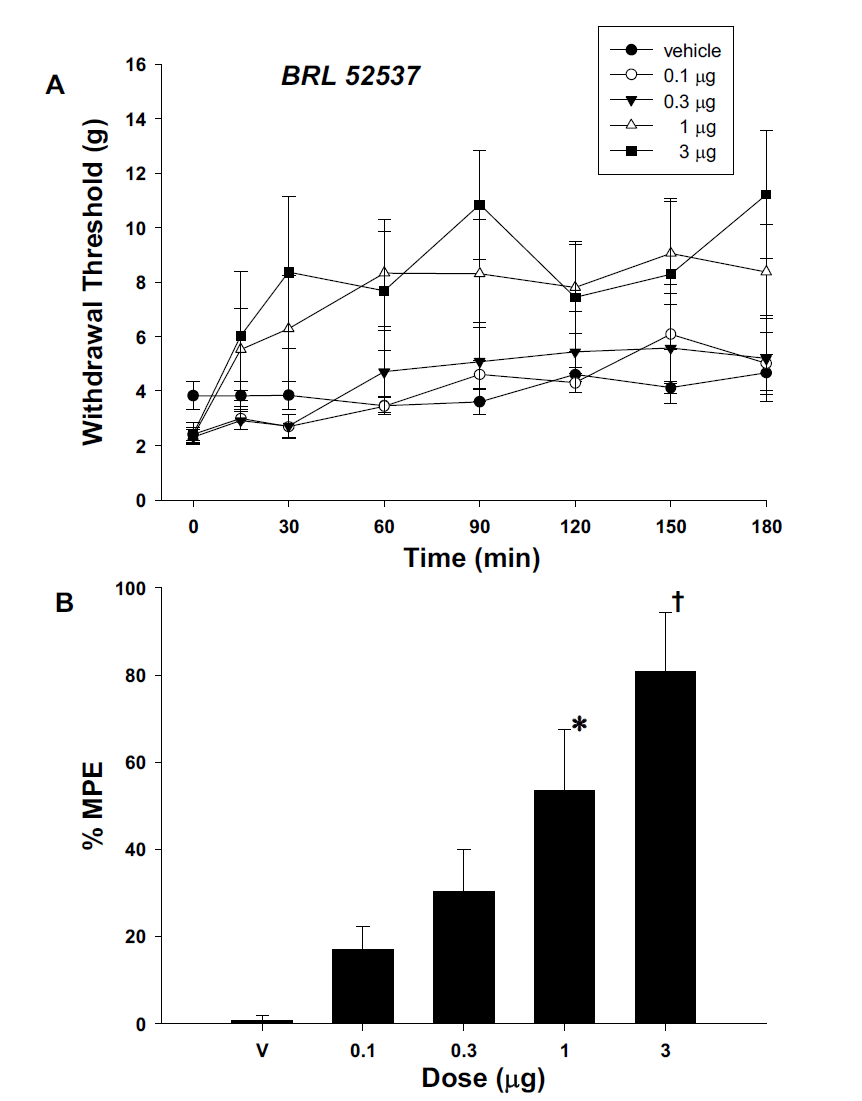 The time effect (A) and dose-response (B) of intrathecal BRL52537 for hindpaw withdrawal response to von Frey filaments after spinal nerve ligation.