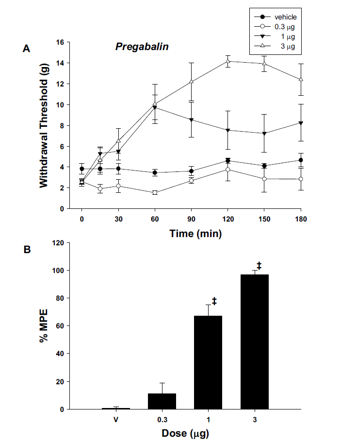 The time effect (A) and dose-response (B) of intrathecal pregabalin for hindpaw withdrawal response to von Frey filaments after spinal nerve ligation.