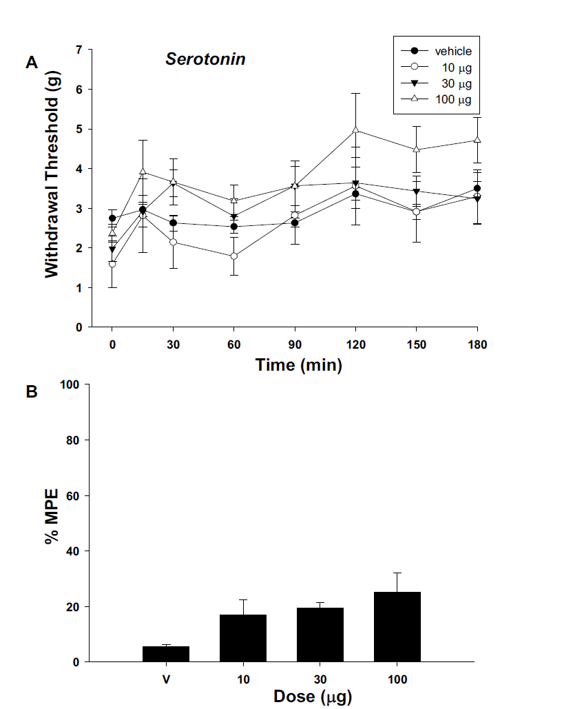 The time effect (A) and dose-response (B) of intrathecal serotonin for hindpaw withdrawal response to von Frey filaments after spinal nerve ligation.