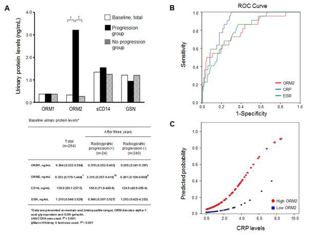 Correlation of urinary ORM2 levels with radiographic progression of RA