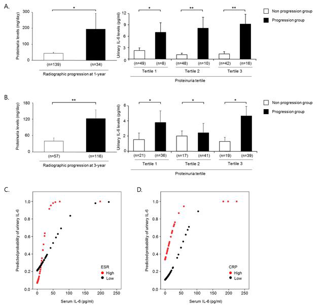 Relationship of urinary IL-6 levels with proteinuria, ESR, and serum CRP in predicting radiographic progression of RA