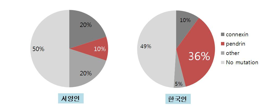 선천성 난청의 양상. 서양인의 경우 connexin 돌연변이가 많은데 비하여 한국인에서는 펜드린 돌연변이가 월등히 높음