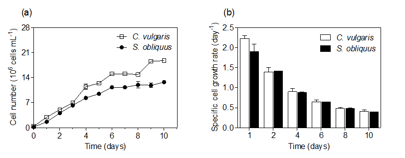 Variation in cell number(a) and specific cell growth rate(b) of C. vulgaris and S. obliquus cultivated in wastewater