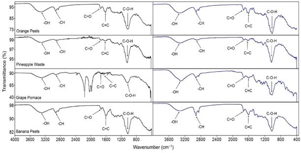 FTIR spectra of the various FPWs before (Black spectra) and after (Blue spectra) 0.2 M acetic acid pretreatment (100 °C for 1 h)