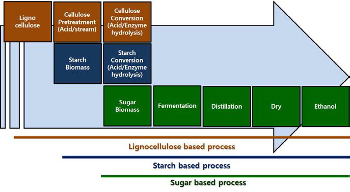 원료별 바이오에탄올 제조 공정도 [김경수 외, 2009]