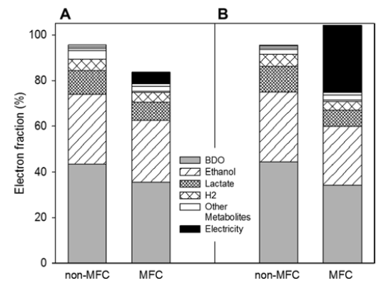 A. HNQ가 없는 환경에서의 미생물에 의한 glucose 대사산물의 electron fraction, B. HNQ가 없는 환경에서의 미생물에 의한 glucose 대사산물의 electron fraction