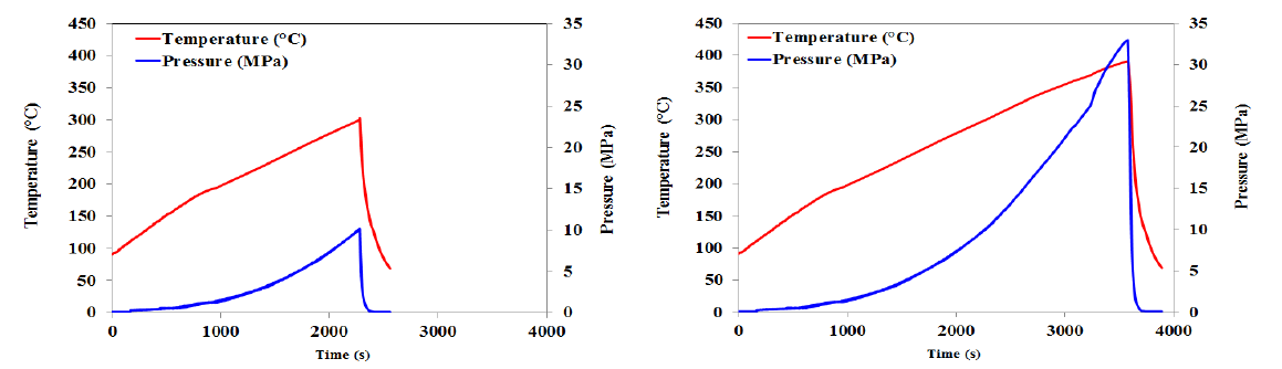 아임계수(왼쪽)와 초임계수(오른쪽) 장치의 온도/압력 그래프
