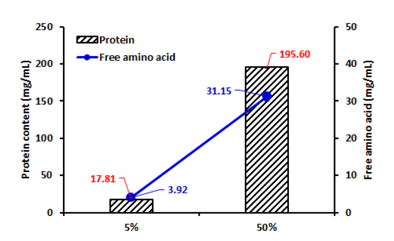 5%와 50% 돈피시료의 단백질 및 유리 아미노산 함량 비교