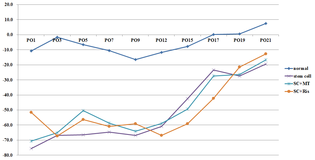 Daily evaluation of Gait Functional analysis of sciatic nerve injury model after transplantation of mesenchymal stem cells in the injured region.