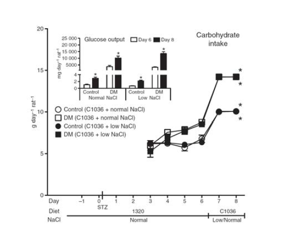 소변양은 당뇨쥐에서 carbohydrate 섭취와 관련이 있음을 관찰함.