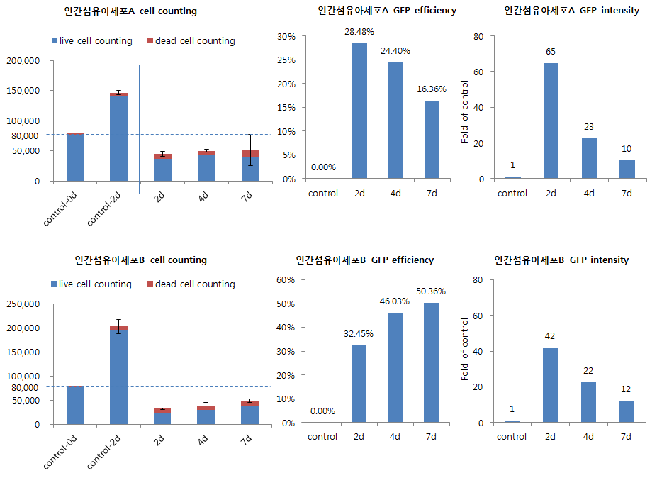 두종류의 인간 섬유아세포에서 시간이 지남에 따른 세포의 증식과 형광 발현정도를 FACS로 측정함.