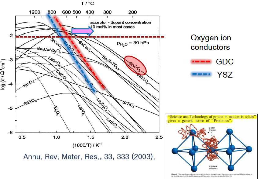 Perovskite 구조 프로톤전도체의 이론적 전기전도도 [출처: Annu. Rev. Mater. Res. 33 (2003) 333]