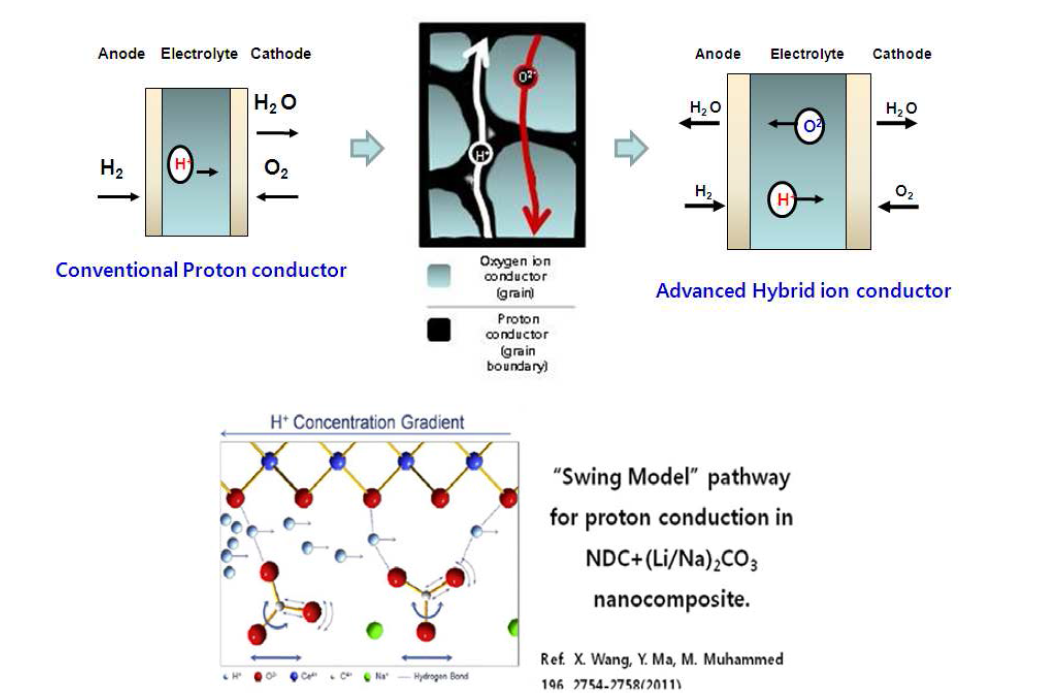 산소 이온과 proton의 이동 모식도 (위), proton 전도의 모델 (아래) [츨처: Electrochemistry Communications 10 (2008) 1617]