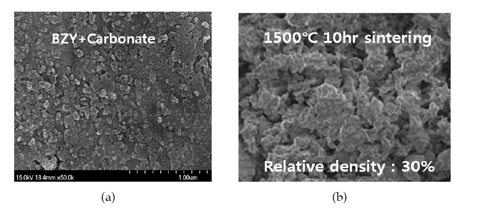 소결 후 (A) composite BZY+Carbonate (670 oC, 4hr) (B) 저온소결된 BZY (1500 oC, 10 hr) 의 SEM image