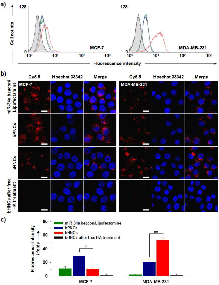 제조된 HA가 결합된 나 노전달체의 세포 형광 이미지 및 FACS 분석 결과. a) FACS 분석, b) Confocal microscopy 이미지, c) 형광 intensity 비교